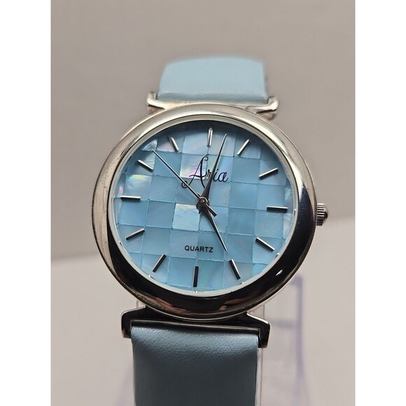 Aria Sterling Silver Watch Blue MOP Mosaic Dial Japanese Quartz New Battery - Picture 4 of 12